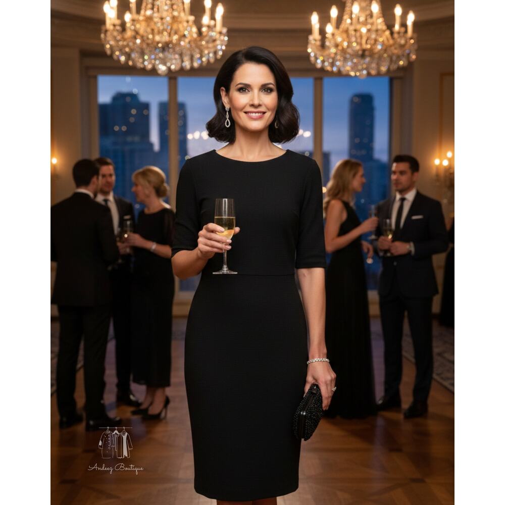 Mario Serrani Italy Black Ribbed Sheath Dress Half Sleeve Knee Length Medium